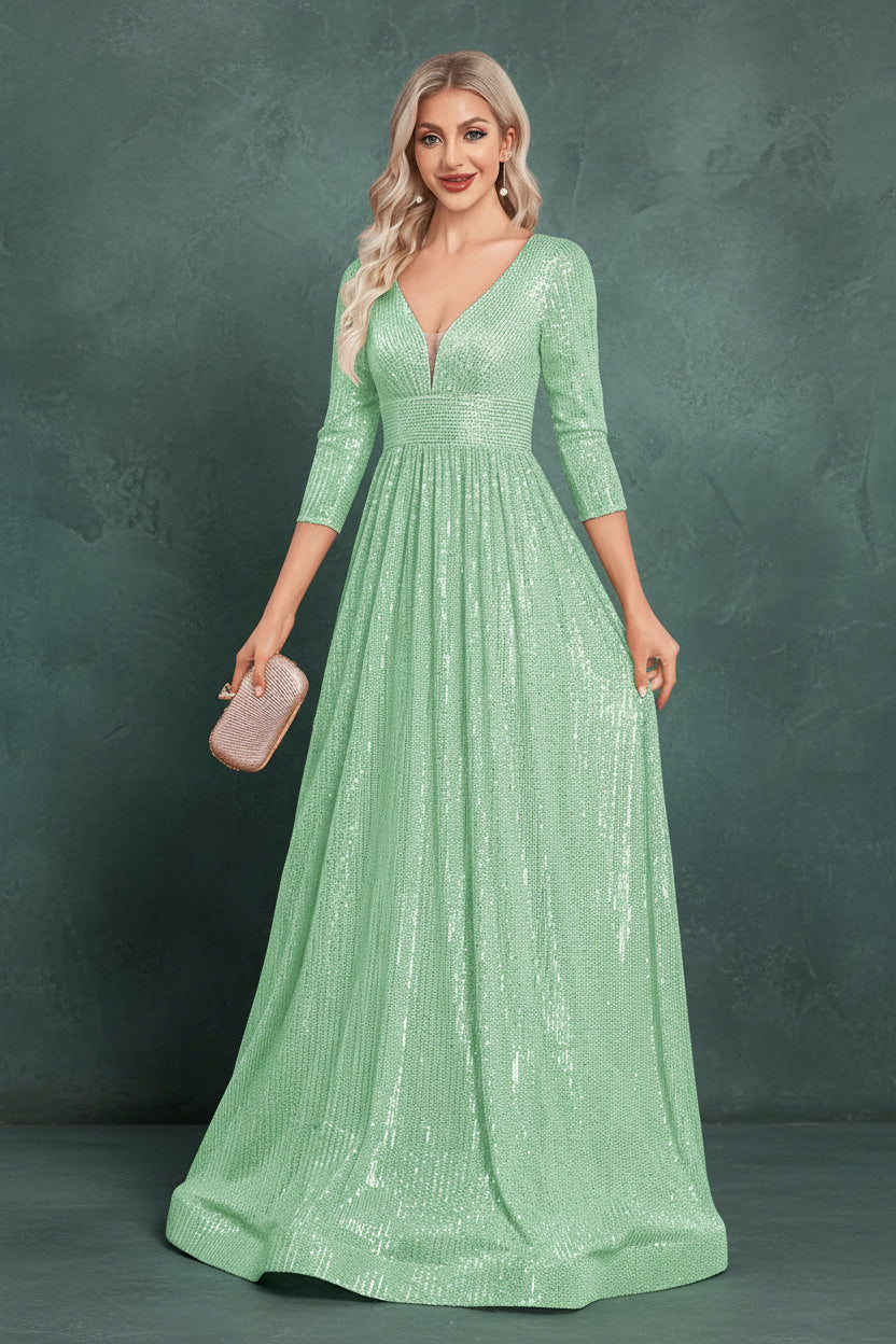 Luxury V Neck Long Sleeves Blue Sequins Formal Evening Dress Women 2024 Wedding Party Prom Maxi Cocktail Dress Gowns