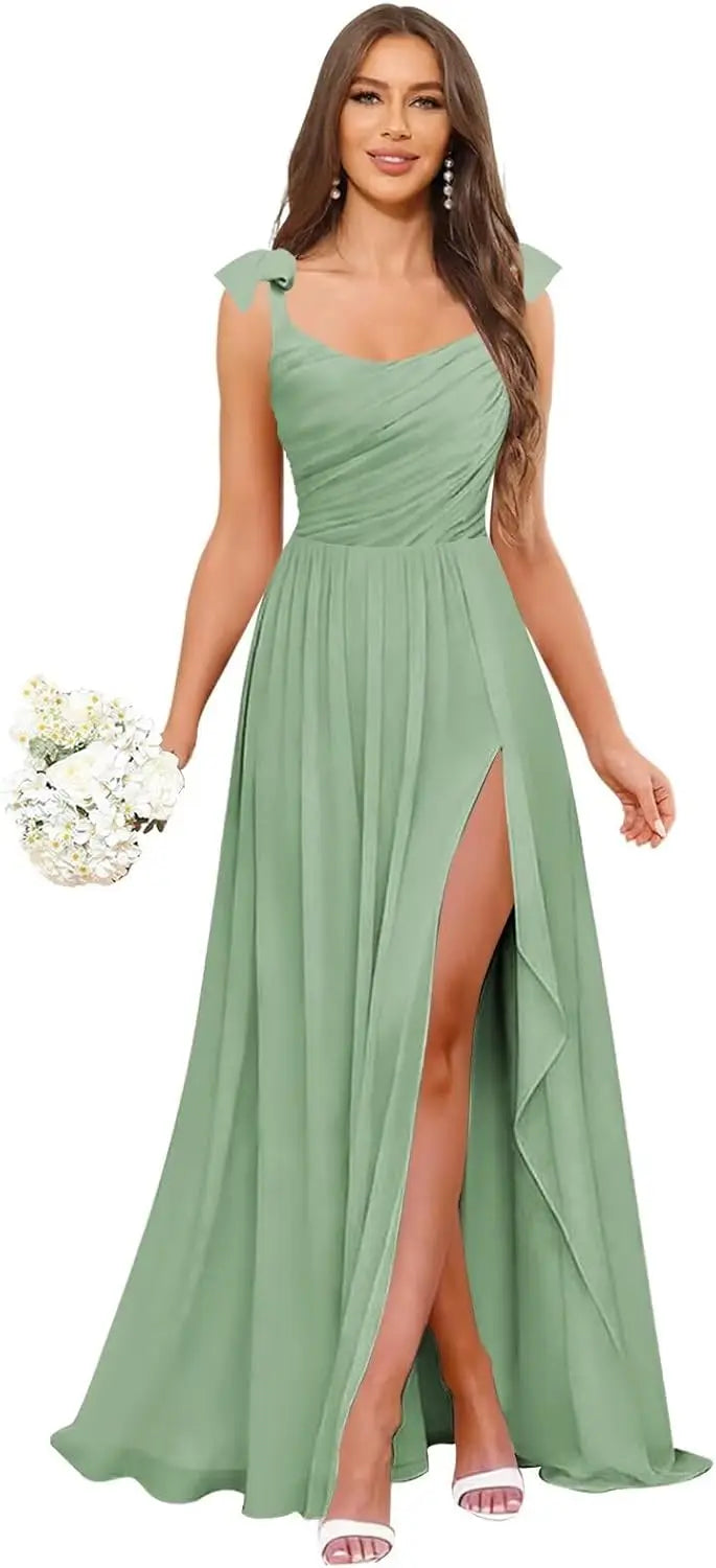 Square Neck Bridesmaid Dress with Ruffle Slit Chiffon Spaghetti Straps Ruched Bust Long Formal Prom Wedding Guest Gown