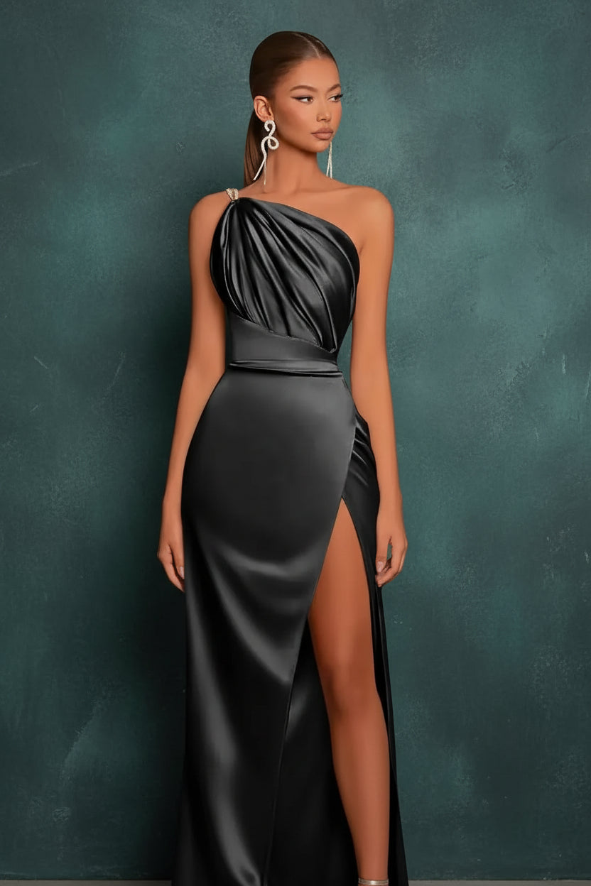 Long Satin Bridesmaid Dresses One Shoulder Spaghetti Straps Mermaid Prom Dress with Slit
