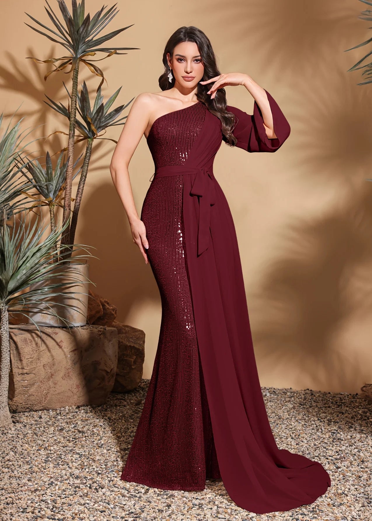 Sequined one-shoulder chiffon patchwork belt-decorated hip dress