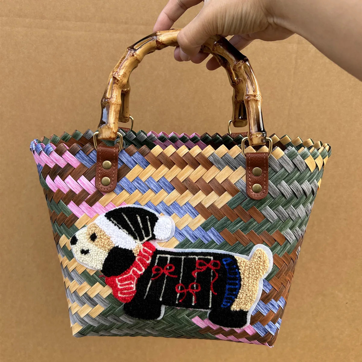 Retro Striped Dachshund Dog Woven Bag Handbag Nylon Rope Pendant Tote Bag Hand Bag Women's Bag Beach Bag