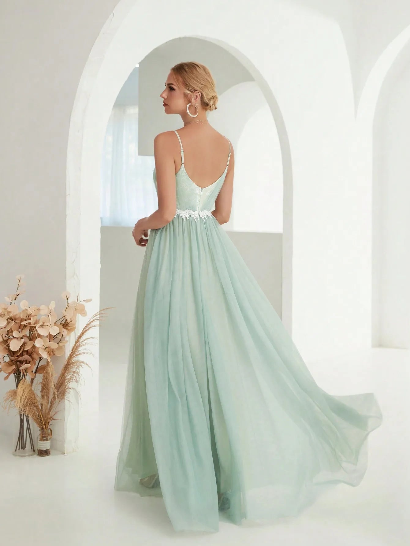 Mgiacy Halter mesh cross folding lace contrasting long dress