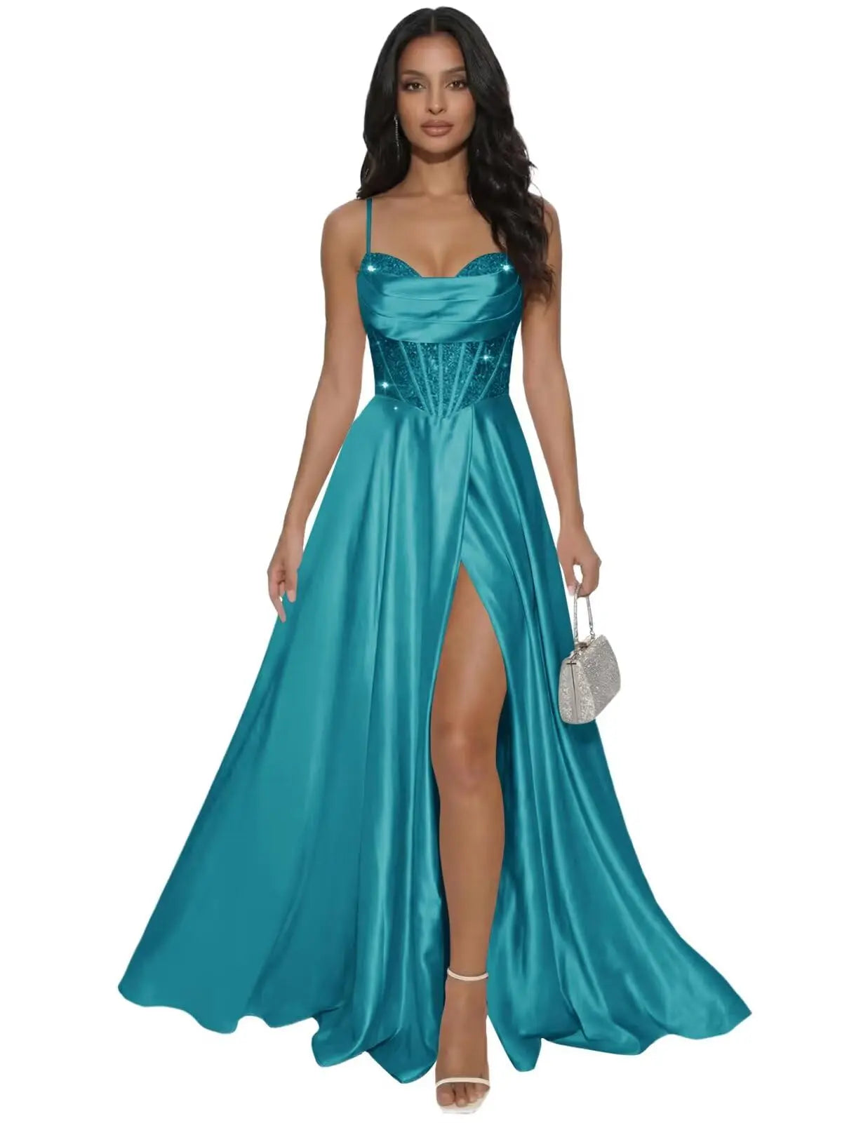 Pleated Satin A Line Prom Dresses for Women Spaghetti Straps Sequin Corset Formal Dress with Slit Formal Dress Women Elegant