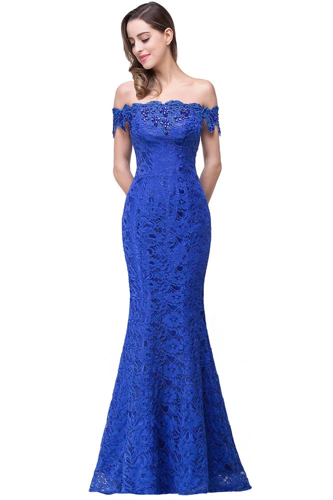 Lace Mermaid Long Bridesmaid Dresses Off The Shoulder Beading Elegant Burgundy Blue Ivory Wedding Formal Party Prom Gown Vestido