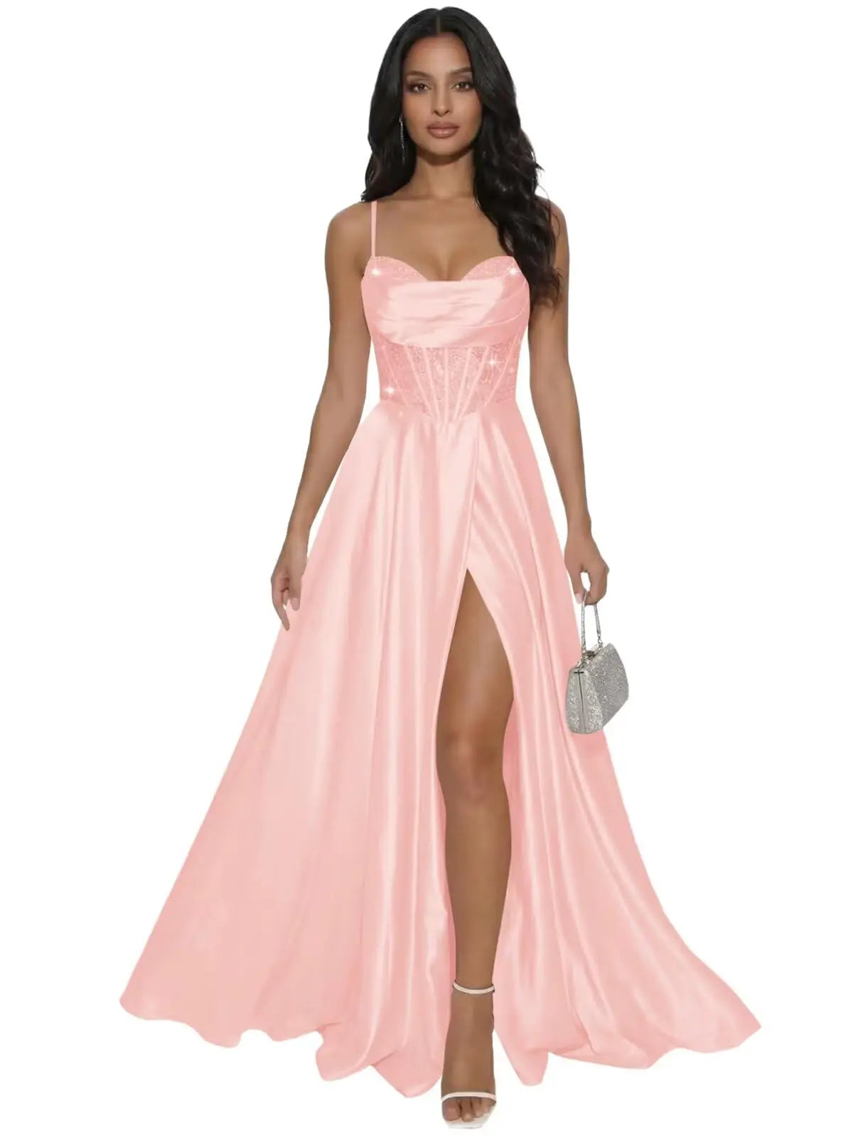 Pleated Satin A Line Prom Dresses for Women Spaghetti Straps Sequin Corset Formal Dress with Slit Formal Dress Women Elegant