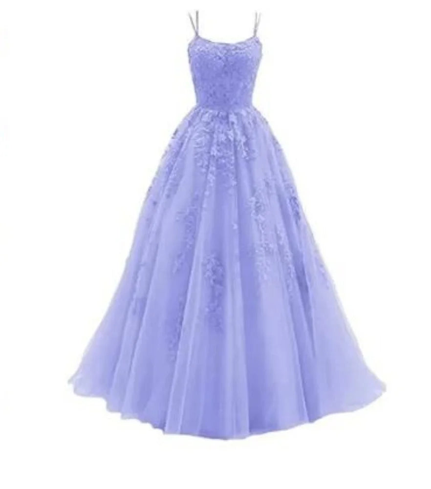 Tulle Spaghetti Straps Prom Dresses Long Lace Appliques Ball Gowns for Women