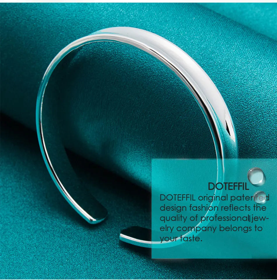 DOTEFFIL 925 Sterling Silver Smooth 8mm Adjustable Bangle Bracelet For Woman Man Fashion Wedding Engagement Party Jewelry