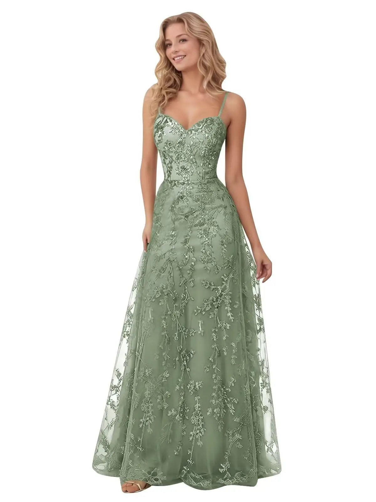 Tulle Formal Dress Laces Spaghetti Strap Sparkly Prom Dress for Women Long Evening Party Gown Formal Dress Women Elegant