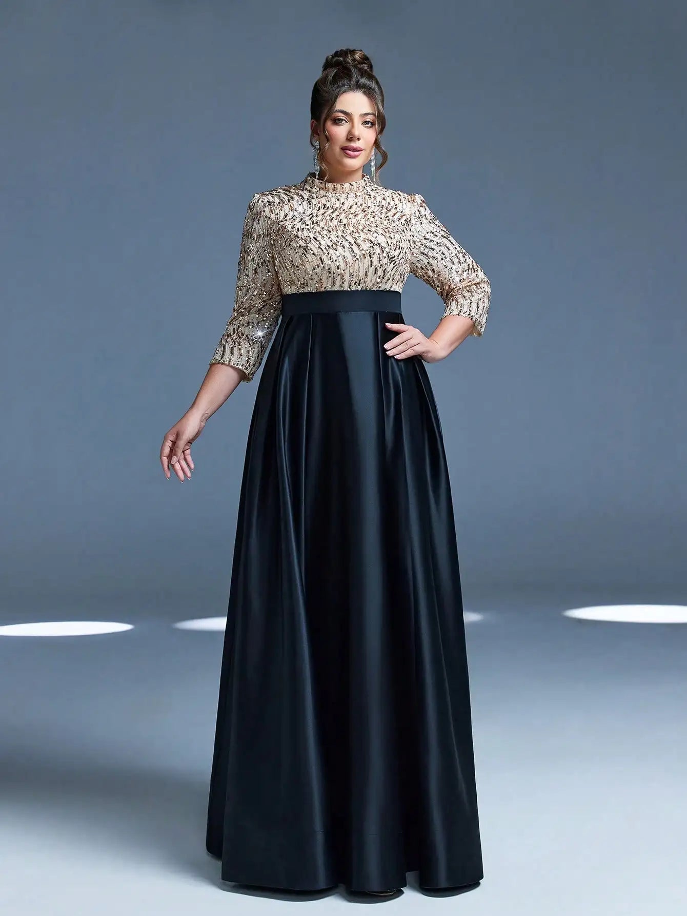 Mgiacy,New Arrival,High neck,Sequin,Elegant,Large size Evening gown dress,Bow,Nine-quarter sleeve,Satin,A-line dress,FOR,Dinner