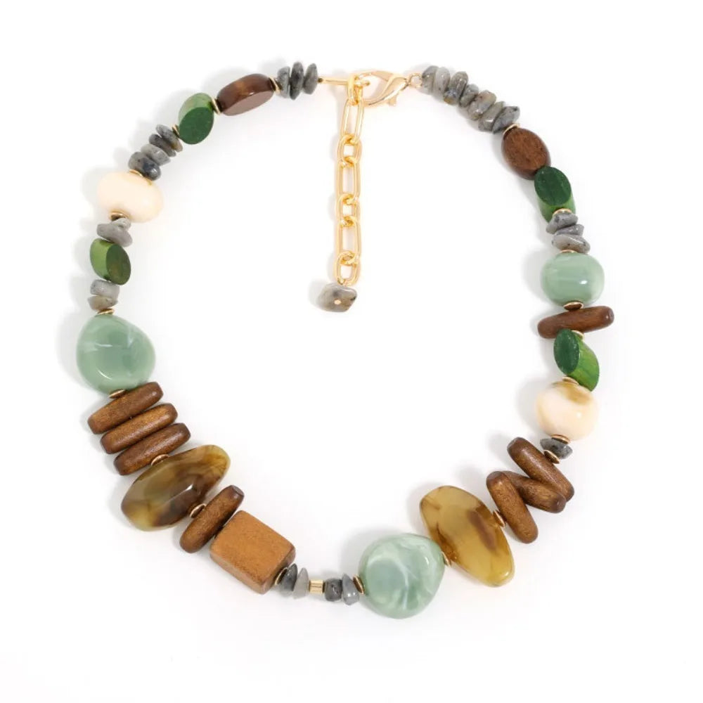 Bohemian Mixed Stone & Wood Bead Necklace for Women