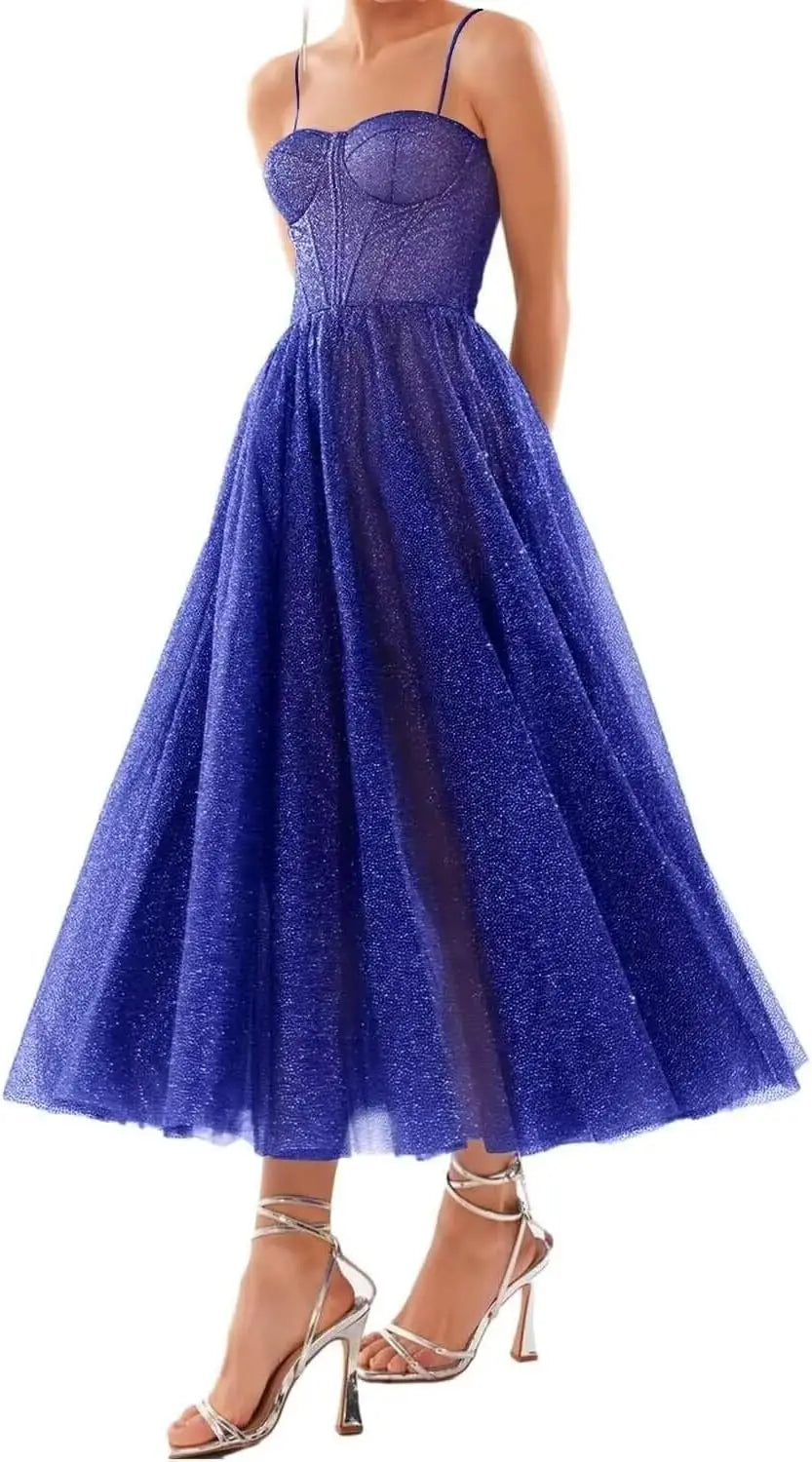 A Line Glitter Tea Length Formal Evening Cocktail Party Dresses for Women, Sequined Spaghetti Midi Corset Prom Gowns Cocktail