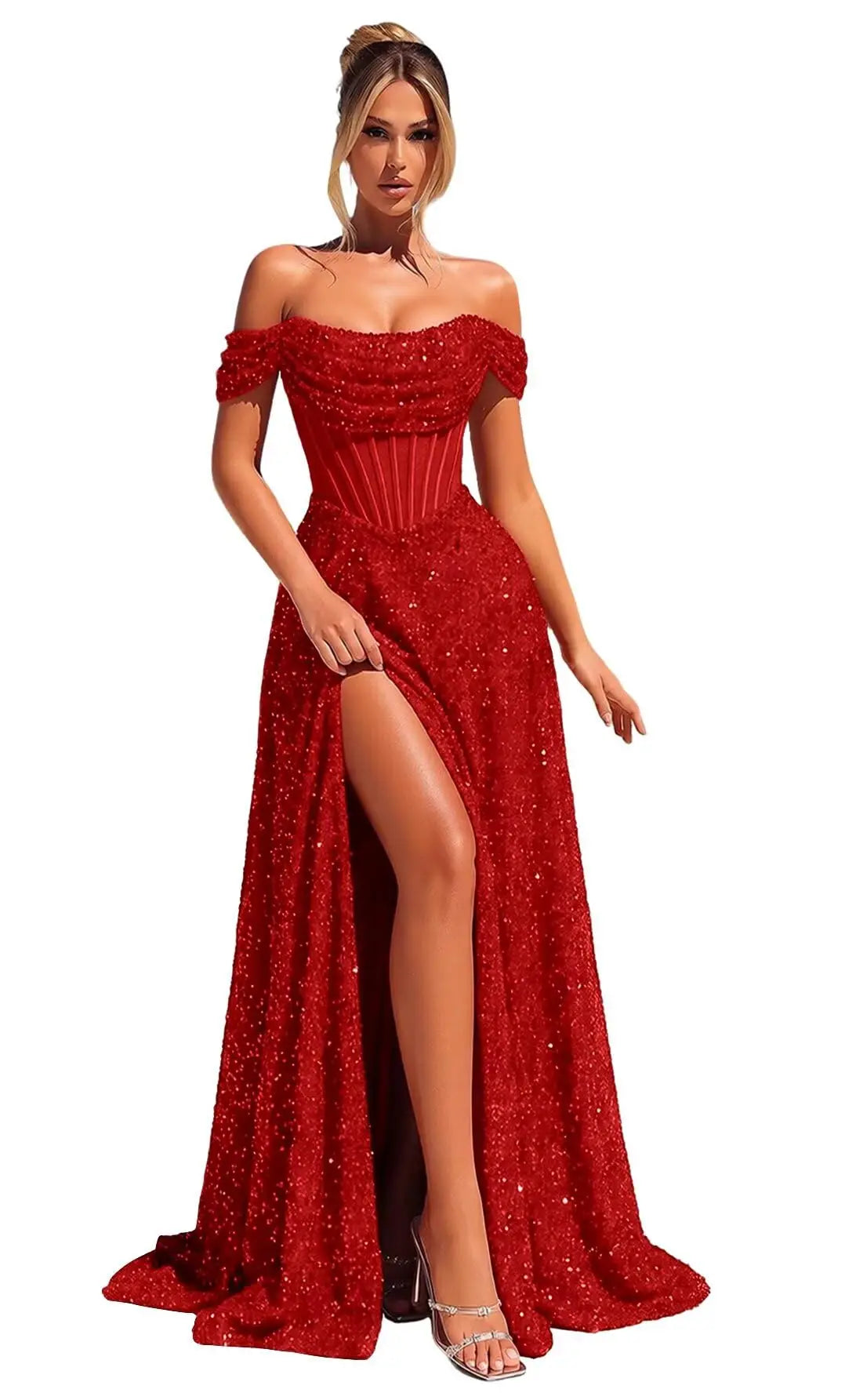 Customized Sparkly Sequins Prom Dresses for Women Off Shoulder Strapless A Line Formal Evening Dress with Side Slit