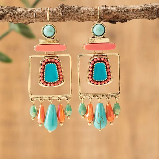 Women Bohemia Colorful Stone Drop Earrings Antique Gold Color Turquoise Stone Geometric Dangle Earrings Vintage Women Jewelry