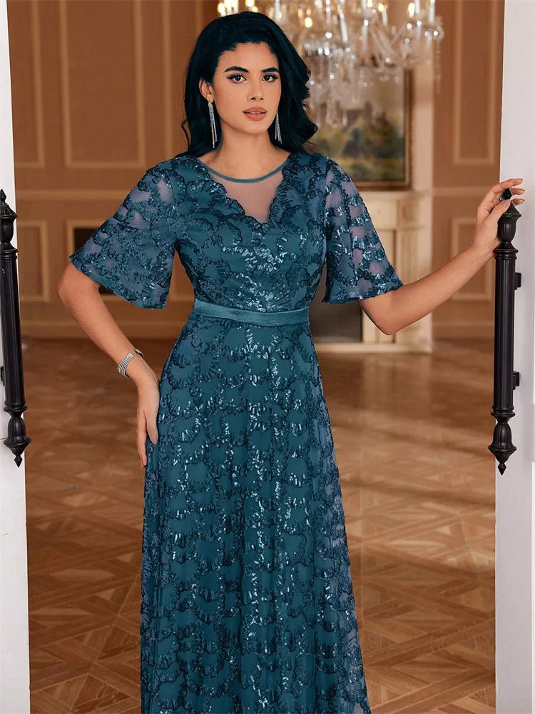Elegant V-Neck Short sleeve Sequins Evening Dresses Long New Luxury Formal Mermaid Party Graduation Cocktail Gowns