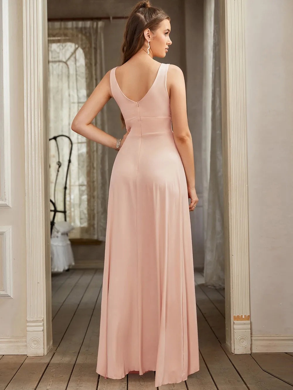 Prom Dresses Split V Neck Bridesmaid Dress Elegant Women Wedding Party A Line Formal Dress Sleeveless Floor Length Birthday Gown