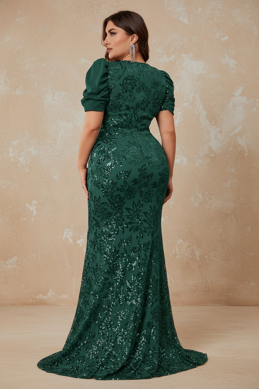Plus Size Elegant V-neck Sequins Evening Dress Women Short Sleeves Mermaid Formal Luxury Party Streamer Prom Dress