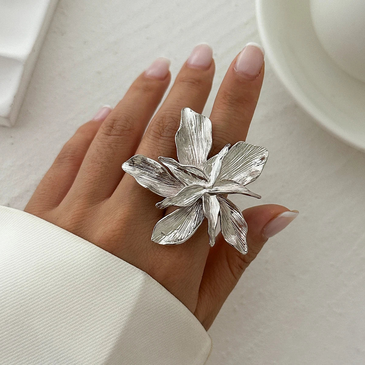 Salircon 2025 Personality Design Double Layered Metal Flower Ring for Women Trend Punk Party Adjustable Ring Ladies Jewelry Gift