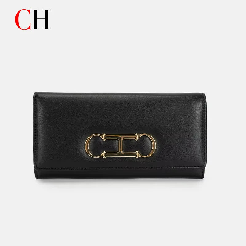 CH Womens Long Wallet Clutch Purse with Gold Metal Logo Large Capacity Card Holder Coin Purse for Ladies