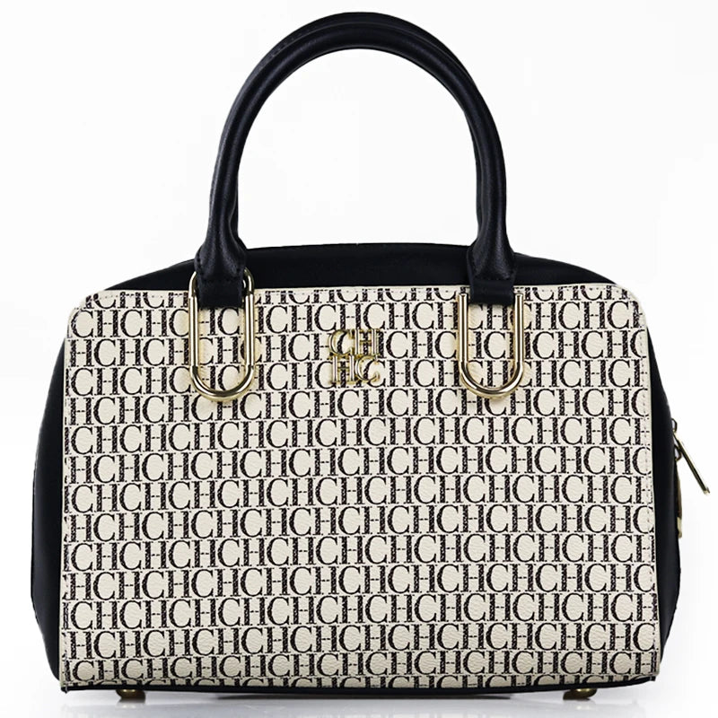 CH Luxury Boston Bag Women Woven Texture PU Leather Top Handle Handbag Metal Hardware Zipper Shoulder Bag for Daily Commute