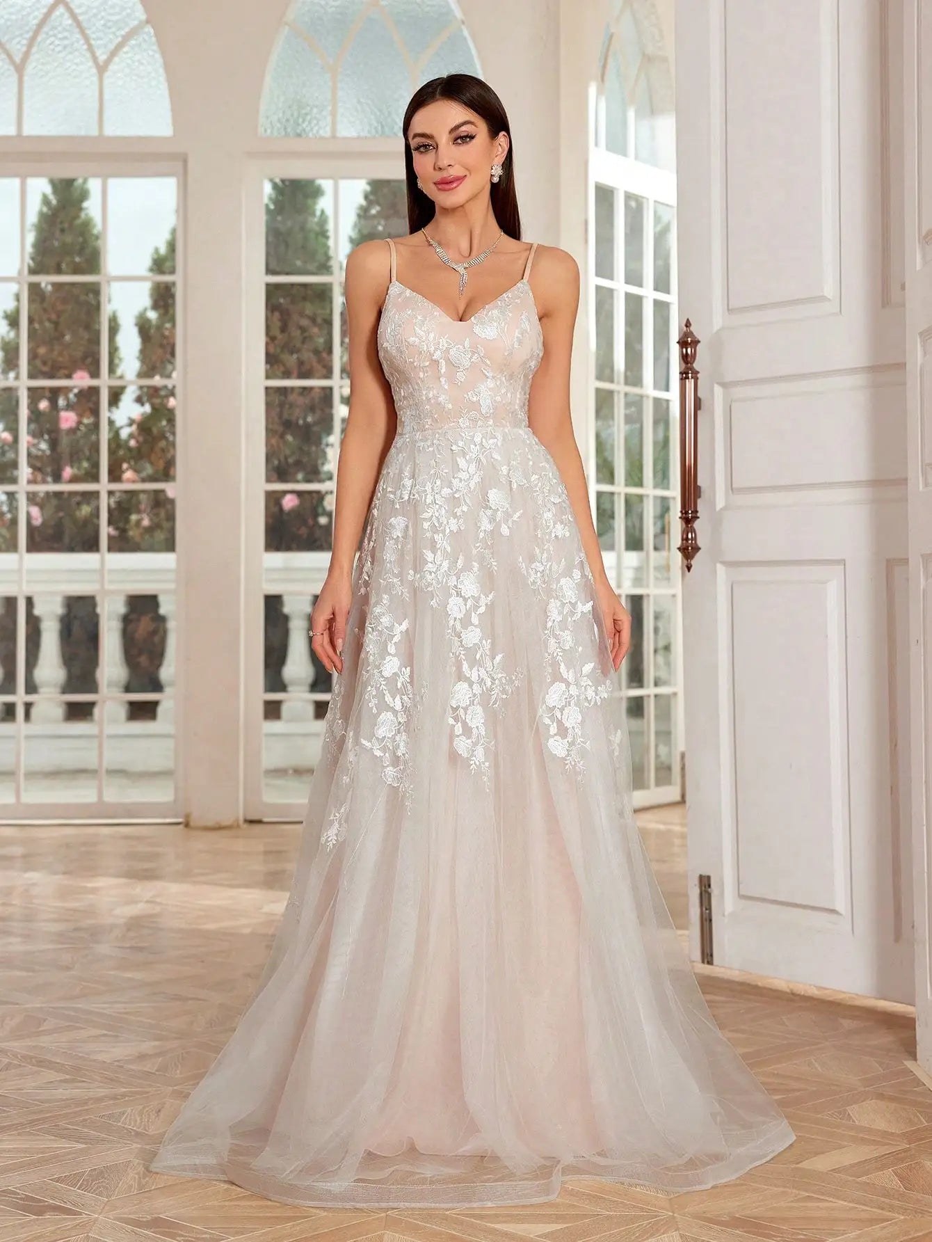 Mgiacy Camisole Romantic embroidered lace contrasting mesh full skirt