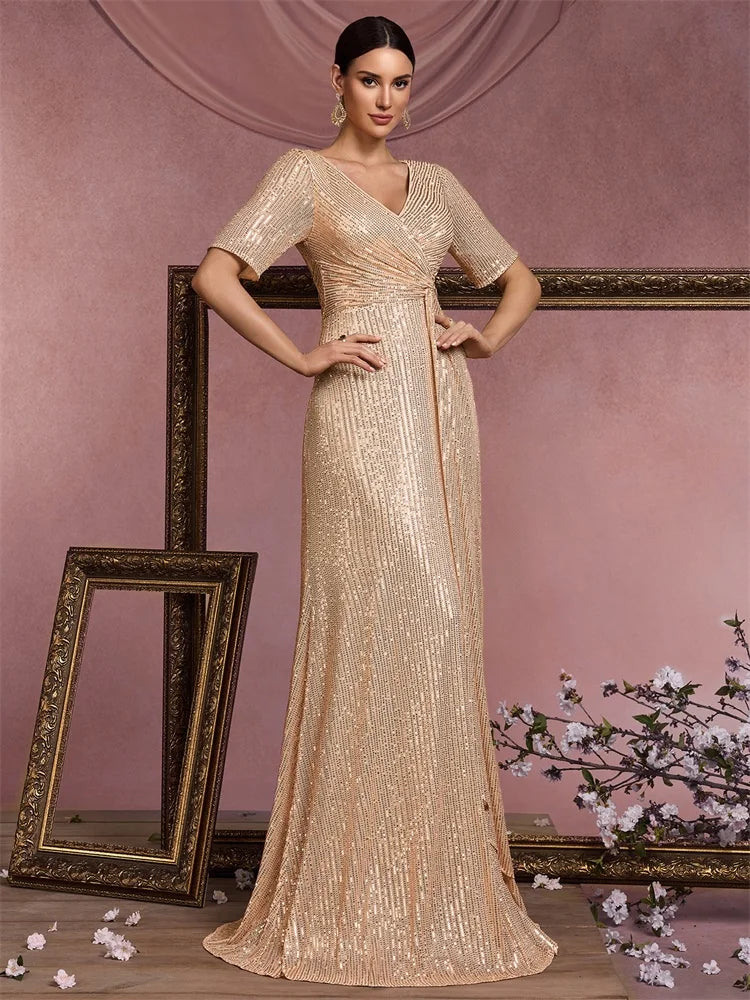 Luxury Floor Length V-Neck Evening Dresses Women Elegant Party Maxi Prom Sequins Short Sleeves Prom Cocktail Gowns
