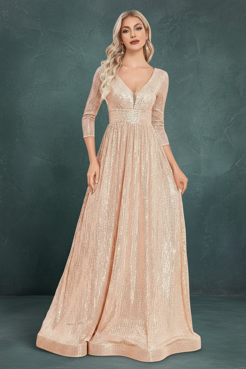 Luxury V Neck Long Sleeves Blue Sequins Formal Evening Dress Women 2024 Wedding Party Prom Maxi Cocktail Dress Gowns
