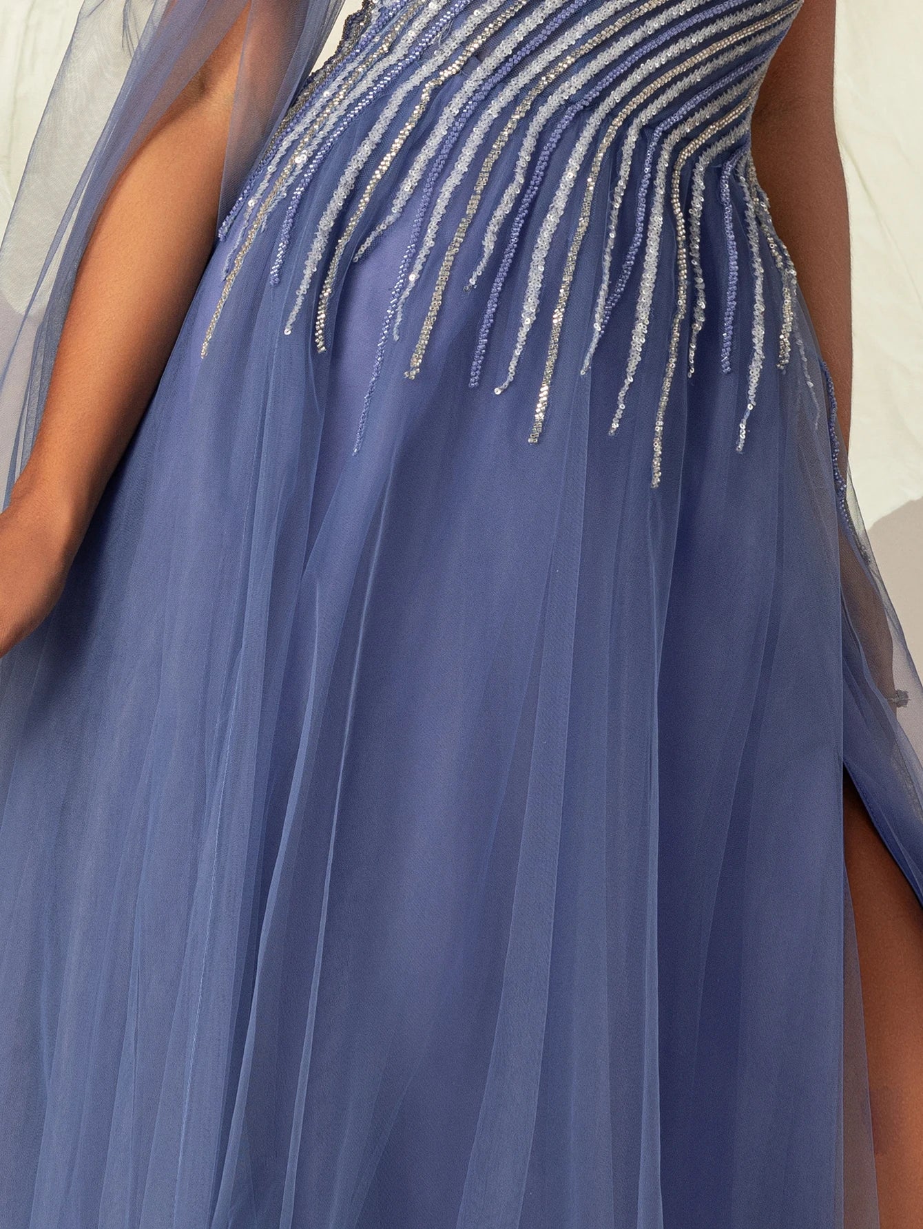 VIPGIRL Women's Dusty Blue Off-Shoulder Beaded Tulle Evening Gown High Slit A-Line Prom Dress