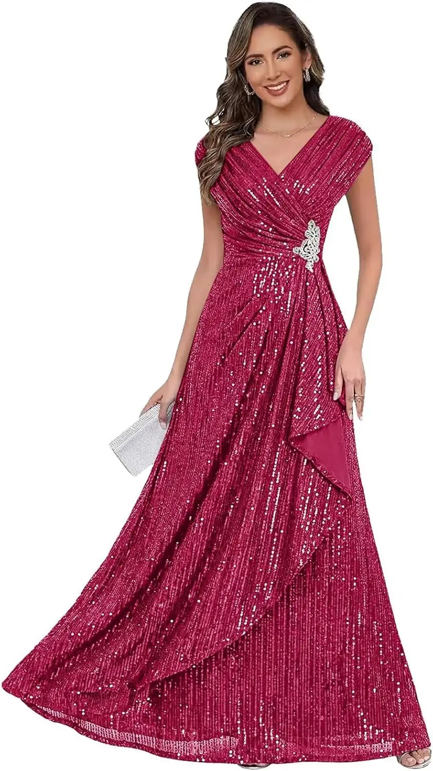 Sparkly Sequin A Line Mother of The Bride Dresses for Women Ruffles Long Formal Dress V Neck Evening Party Gown Dress