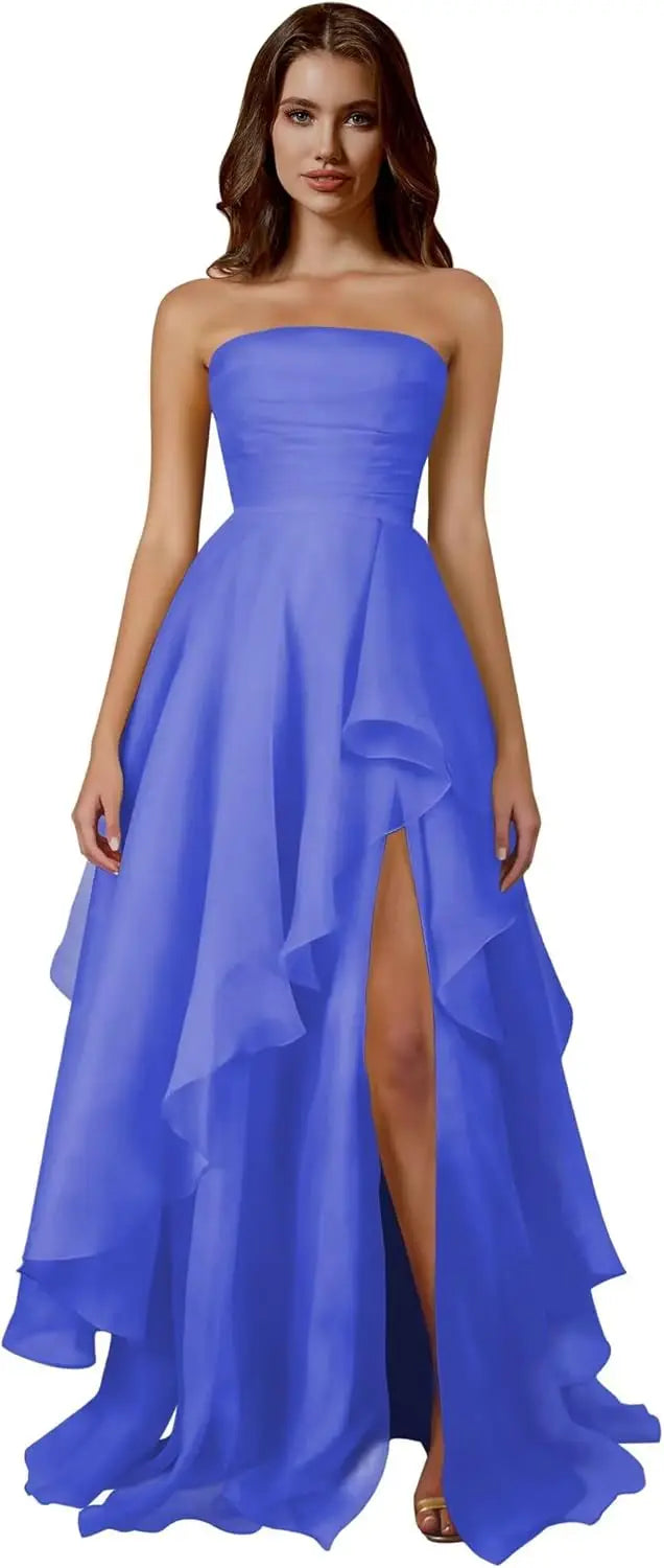Strapless Tiered Prom Dresses Long Ruffle Tulle A Line Evening Ball Gown Dresses with Slit