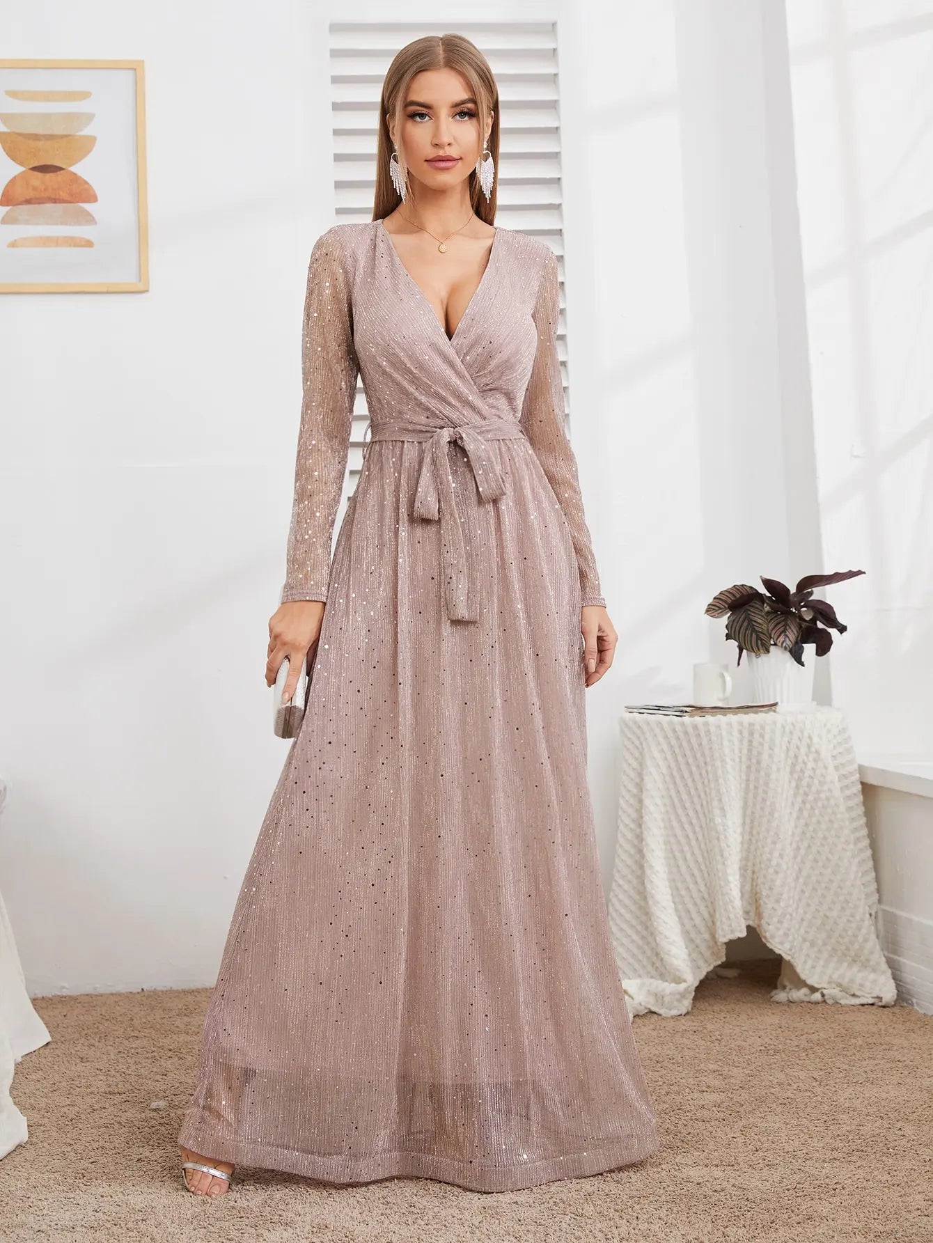 MGIACY V-neck mesh glitter gold elegant long-sleeved dress