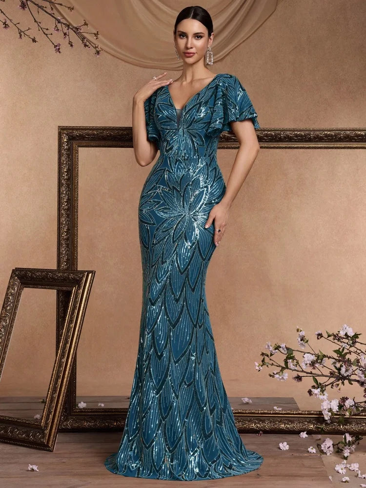 Sexy backless maxi sequins women 2025 elegant luxury mesh wedding party dress Short sleeve evening dresses vestidos