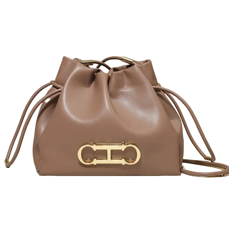 Elegant Drawstring Bucket Bag 2026 Shoulder Handbag with Gold CH Logo Versatile Chain Strap Crossbody Purse for Ladies