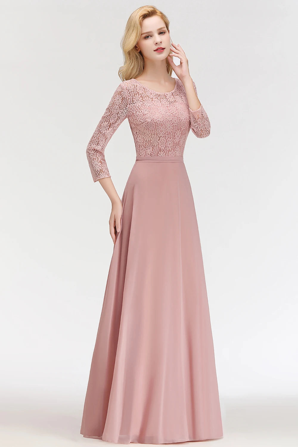 BABYONLINE In Stock Bridesmaid Gown Long Sleeve Floral Lace Appqulies Chiffon A-line Skirt Boho Wedding Party Guest Gown
