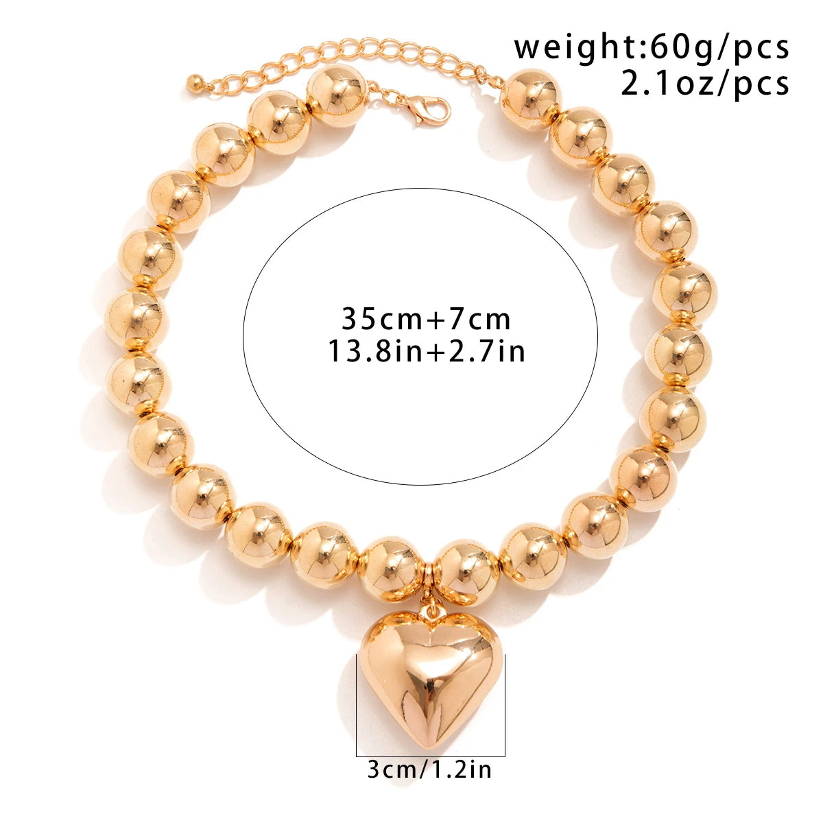Salircon Big CCB Ball Beaded Chain Heart Shape Pendant Necklace for Women Gold Color Trendy Clavicle Choker Necklace  Jewelry