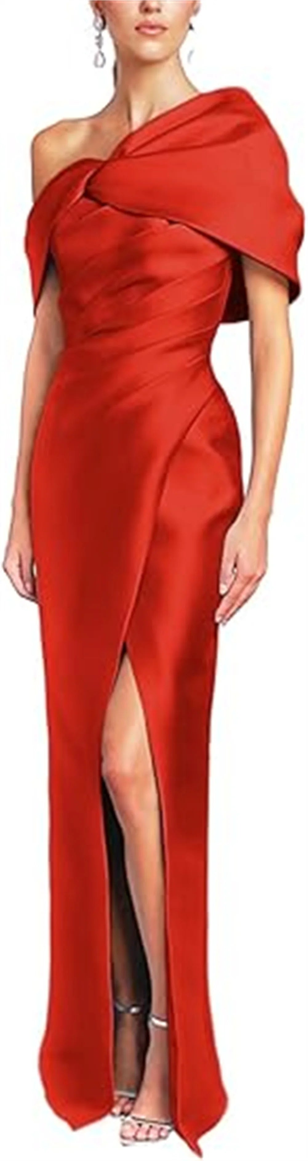 Women Mermaid Satin Floor Length Evening Gowns Sheath High Side Slit One Shoulder Ruched Backless Wedding Guest Dress