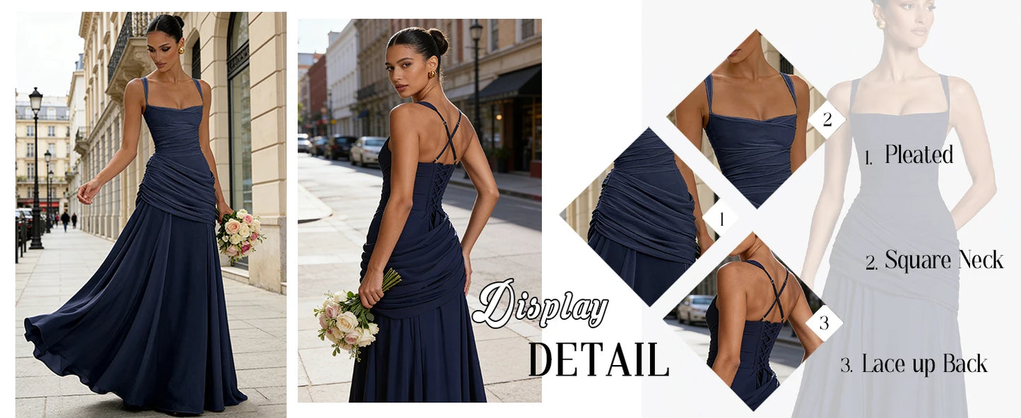 Elegant Chiffon Prom Dresses for Women Spaghetti Straps Long Bridesmaid Dress Square Neck Formal Evening Party Gowns
