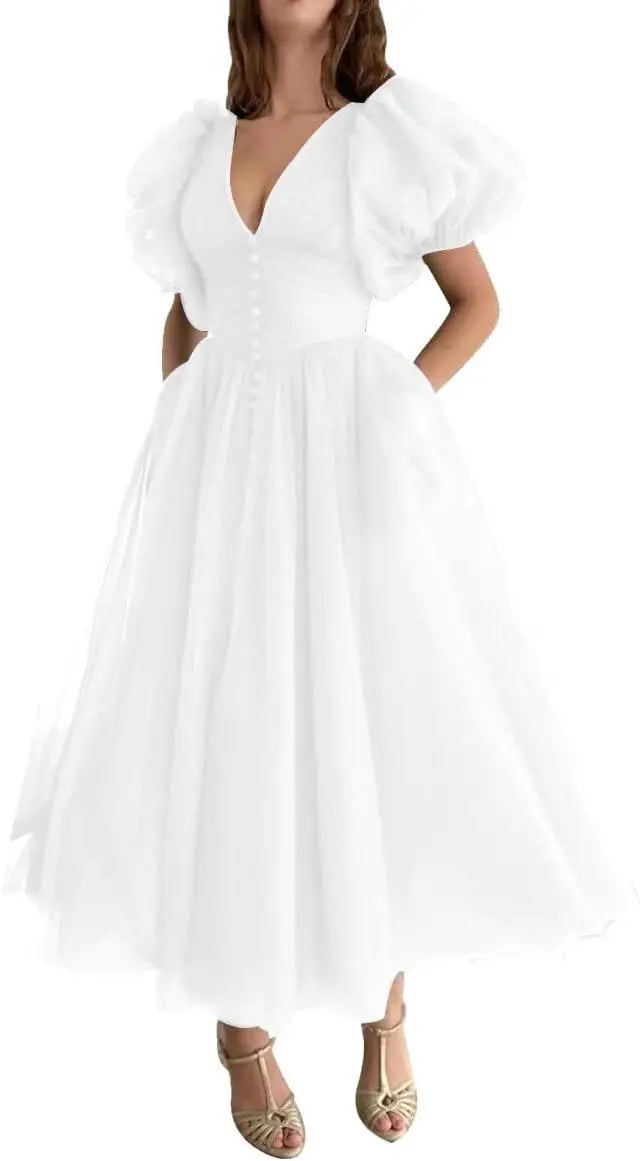 Puffy Sleeve Prom Dresses for Women Dotted Tulle V Neck Formal Evening Party Gowns Tea Length Formal Dress Women Elegant