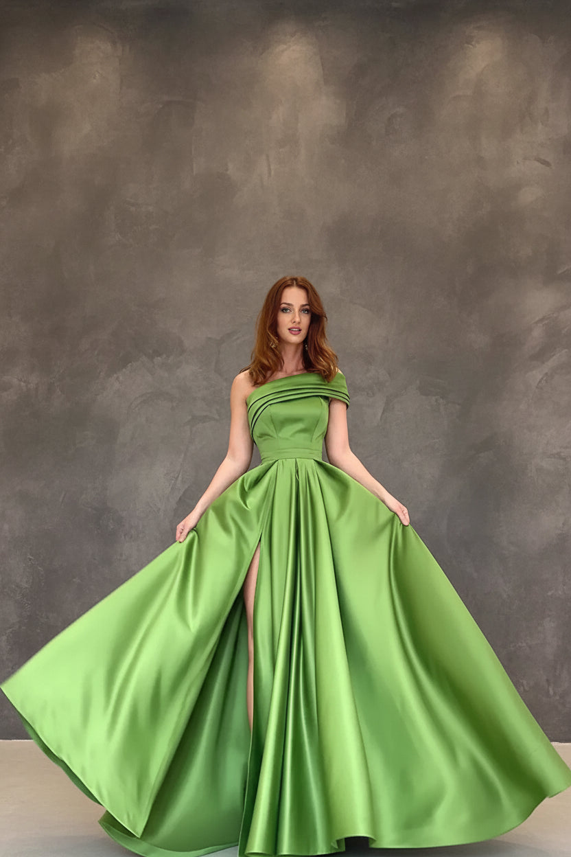 Women’s Elegant One Shoulder Satin Evening Dress Solid High Split A Line Cocktail Party Prom Gown Formal Maxi Dresses Vestidos