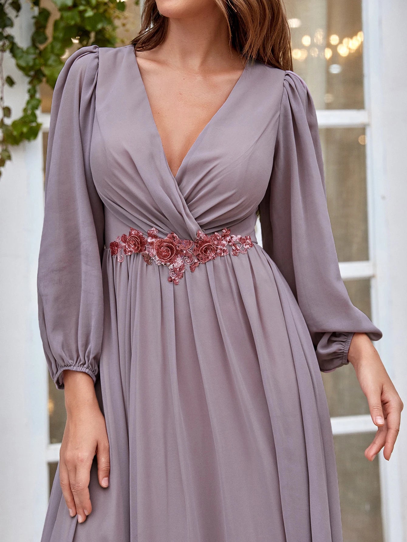 Mgiacy V-neck long sleeve beaded print extra long chiffon Dress