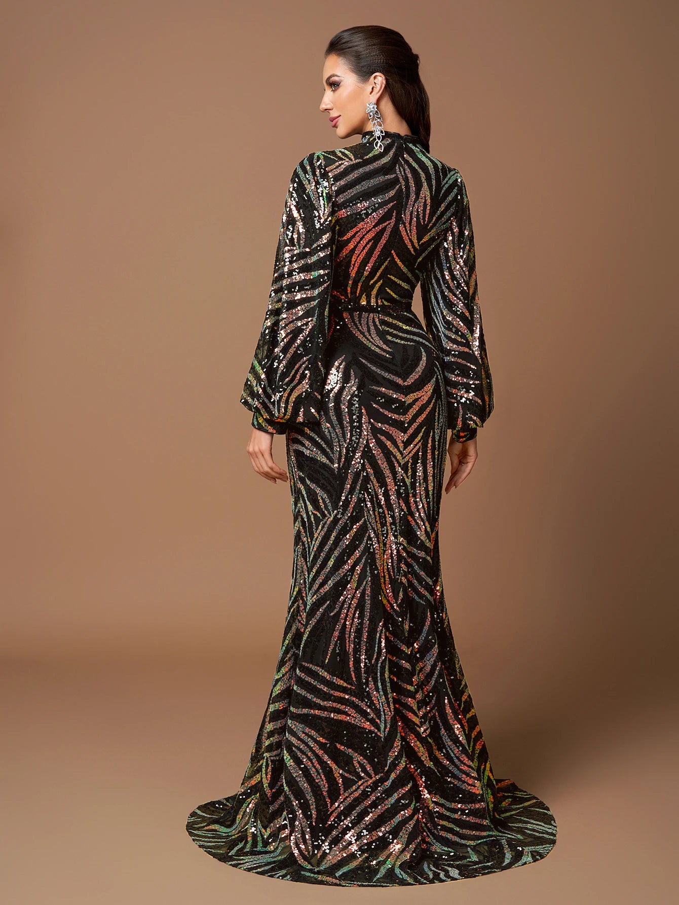 UNITHORSE Elegant Long-Sleeve Beaded Slit Evening Gown Random Cut Maxi Dress for Formal Occasions