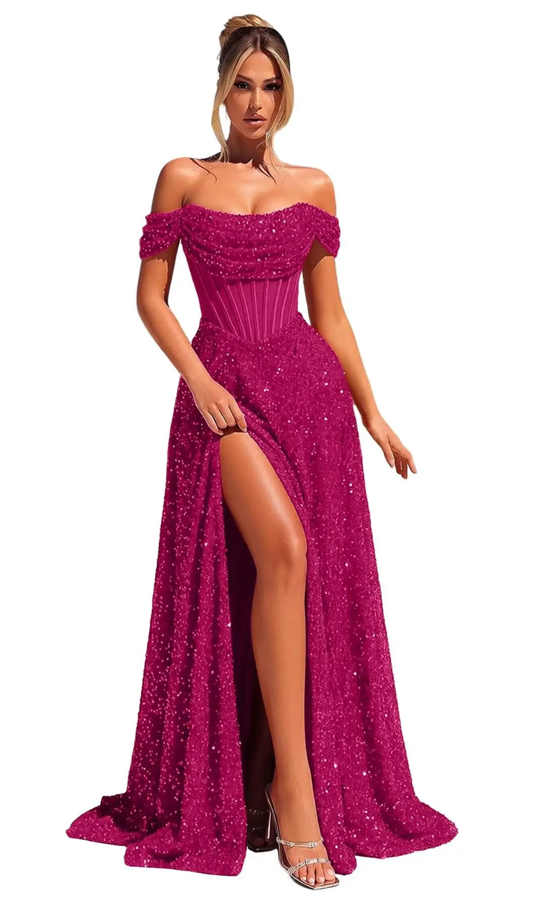 Customized Sparkly Sequins Prom Dresses for Women Off Shoulder Strapless A Line Formal Evening Dress with Side Slit
