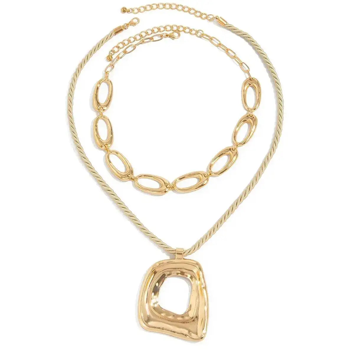 KunJoe New Trendy Hollow Out Square Geometric Pendant Necklace Set for Women Adjustable Rope Chain Choker Necklace Party Jewelry