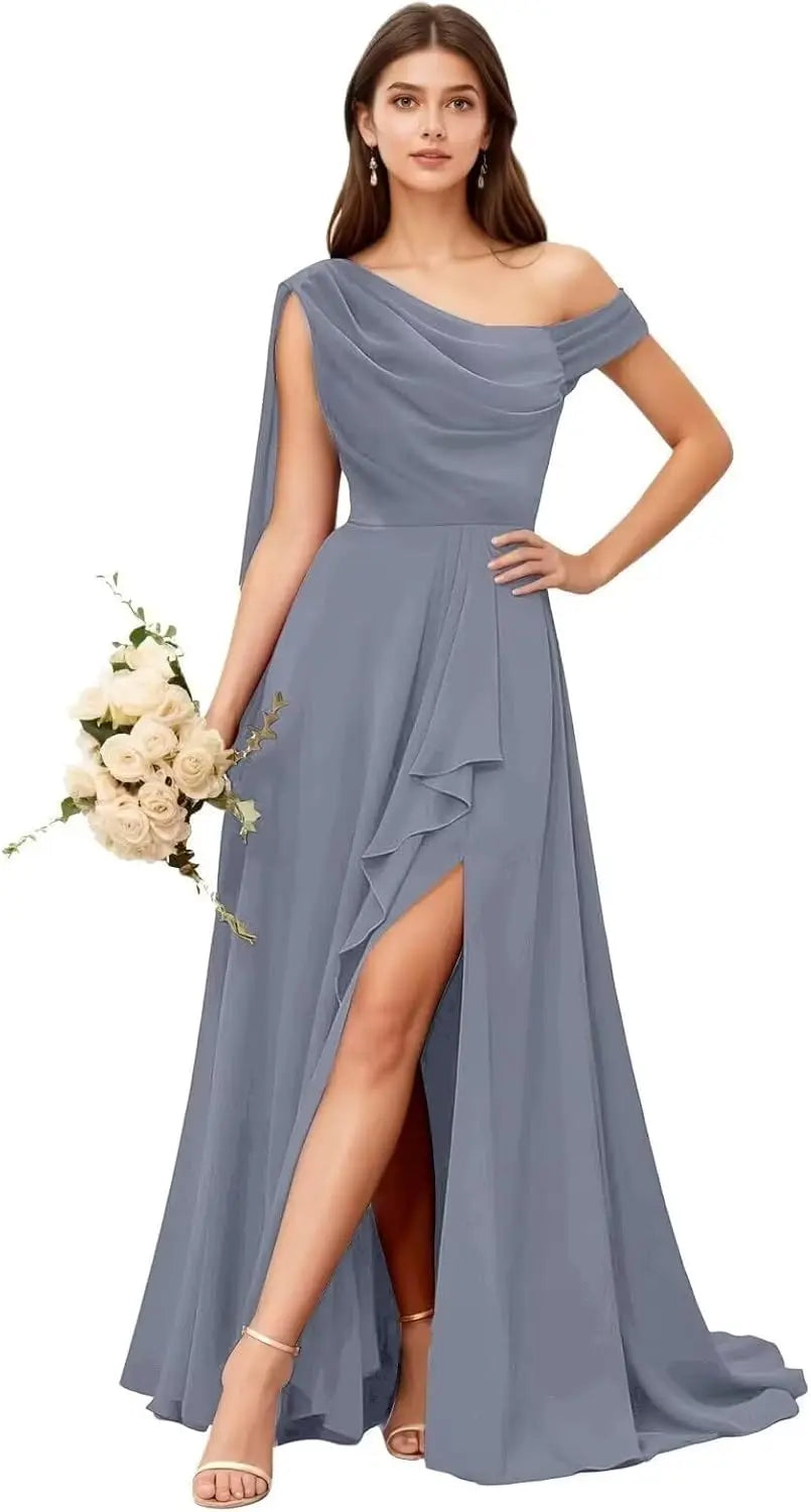 Chiffon One Shoulder Bridesmaid Dresses for Women with Pleated Ruffles A Line Long Formal Dress with Slit