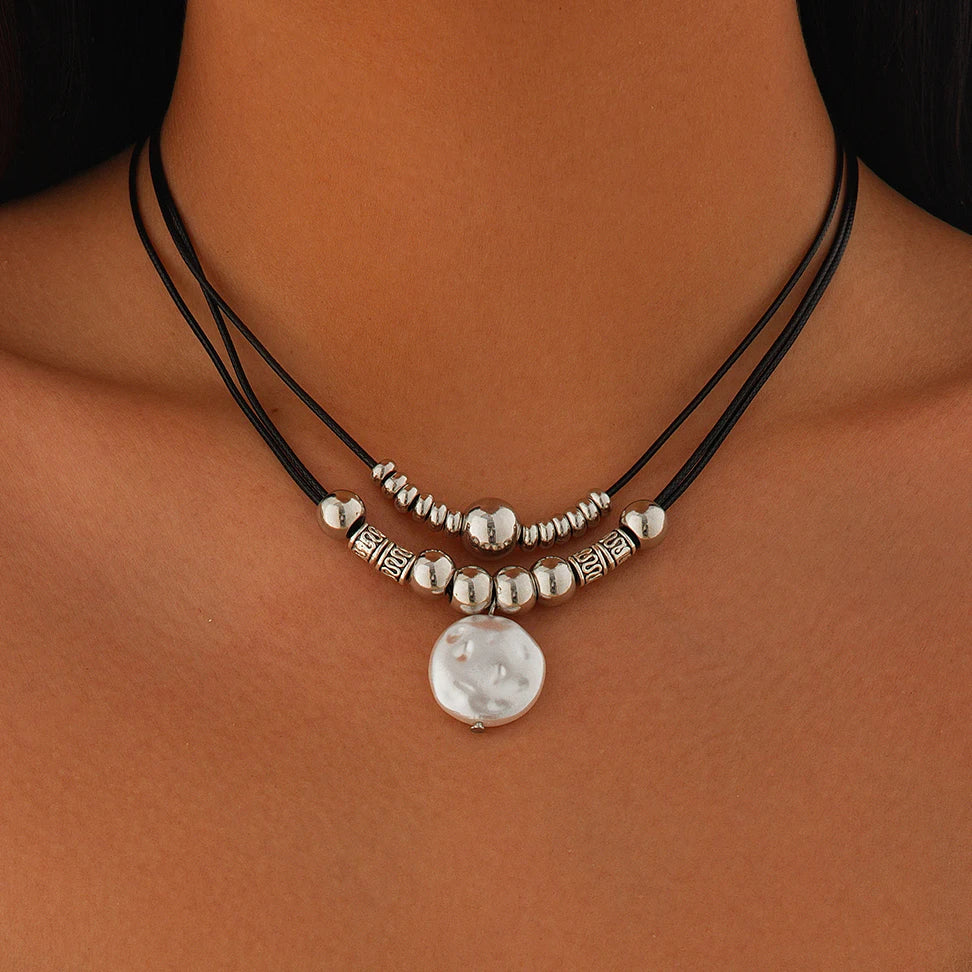 KunJoe Vintage Multilayer Leather Rope Chain Beaded Choker Short Necklace Women Ethnic Imitation Pearl Pendant Necklace Jewelry