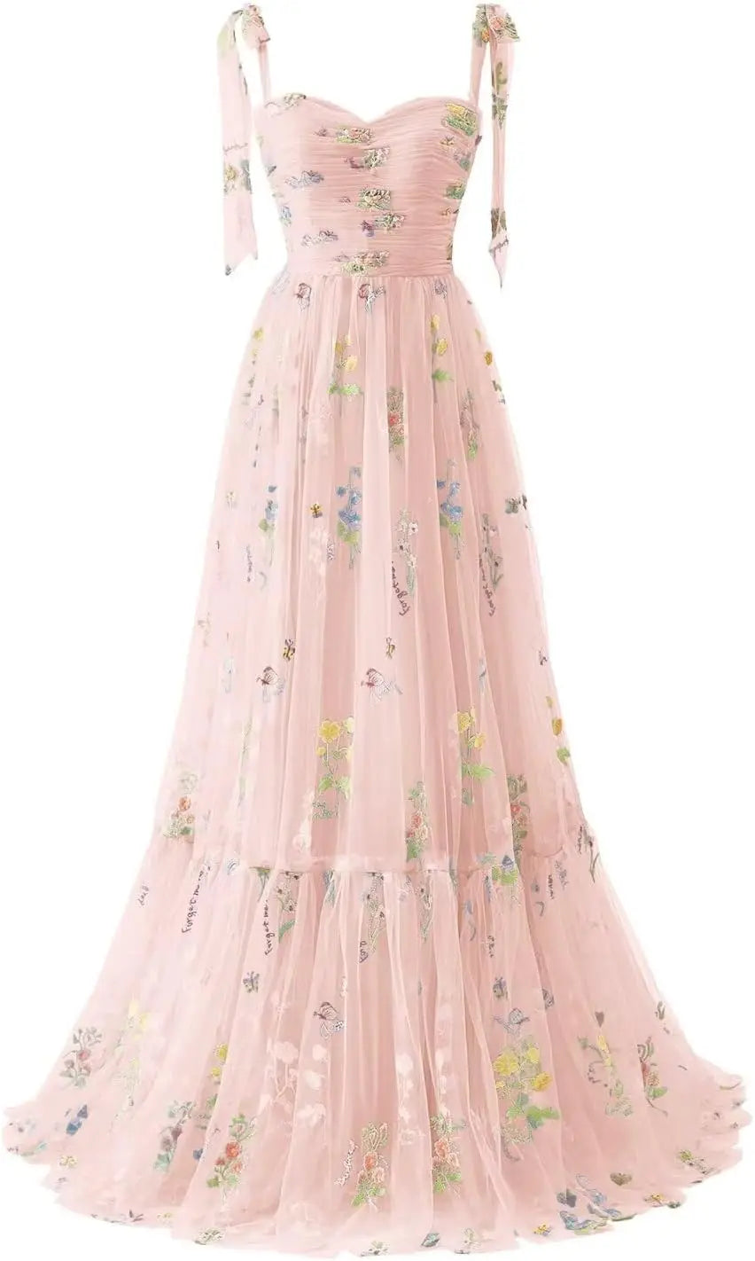 Tulle Prom Dresses for Women Flower Embroidery A-Line Formal Evening Party Gowns Formal Dress Women Elegant Evening Dress