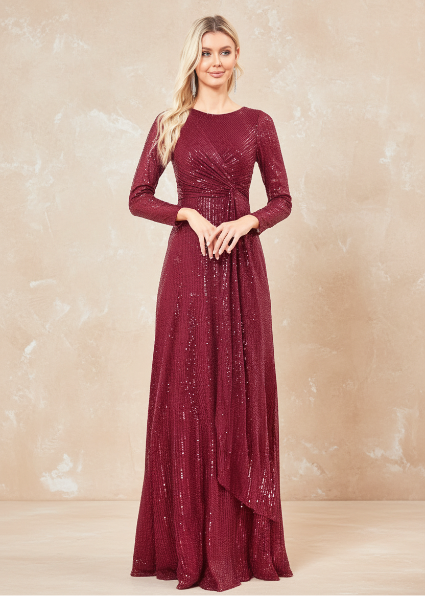 elegant Long Sleeve O-Neck Red Sequins Evening Dress Luxury 2024 Women Wedding Party Prom Cocktail Dress Graduation Gowns
