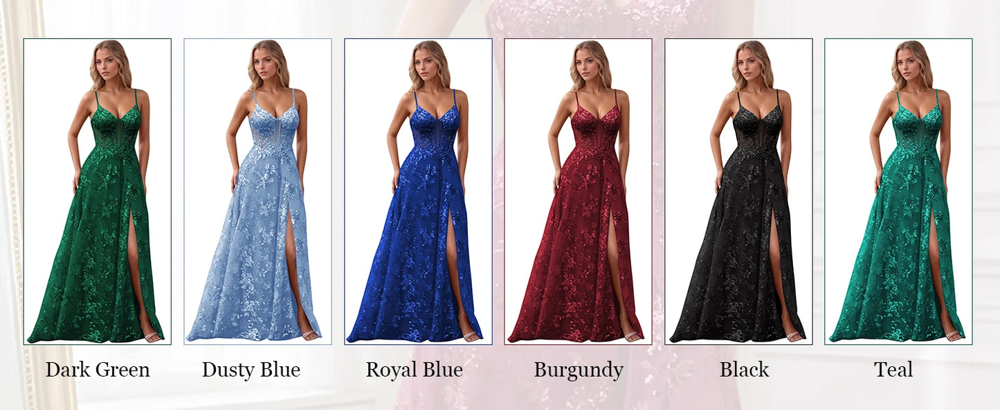 Spaghetti Strap Tulle Appliques Prom Dresses with Slit V Neck Sequin Evening Gown Women Formal Pageant Dress Long Party Dresses