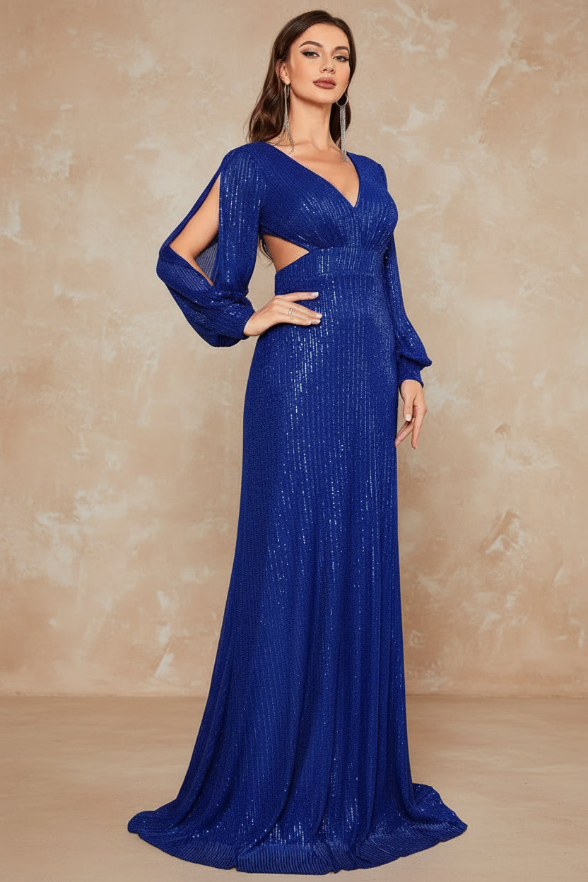 Elegant Long Sleeve Sequins Bue Evening Dress 2025 Luxury Women Mermaid Party Formal Bridesmaid Prom Cocktail Graduation Gowns