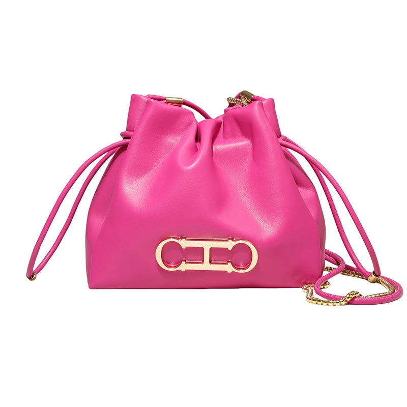 Elegant Drawstring Bucket Bag 2026 Shoulder Handbag with Gold CH Logo Versatile Chain Strap Crossbody Purse for Ladies