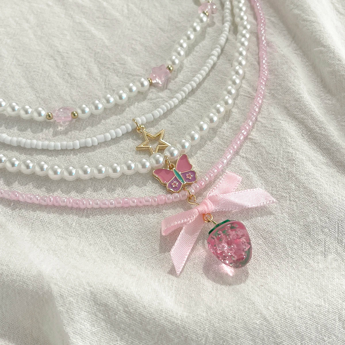 Salircon Romantic Lovely Pink Strawberry Bowkont Pendant Women Necklace Set Elegant Multilayer Imitation Pearl Choker Jewelry